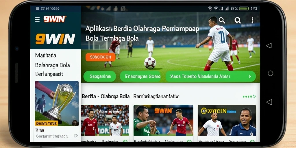 Antarmuka aplikasi 9WIN menampilkan berita dan statistik olahraga bola.