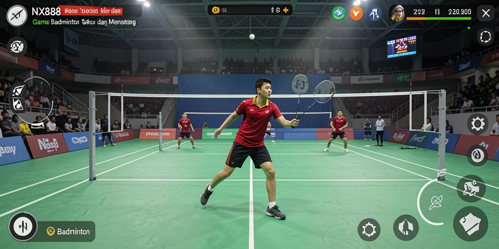 Tampilan antarmuka NX888 dengan karakter dan lapangan badminton.