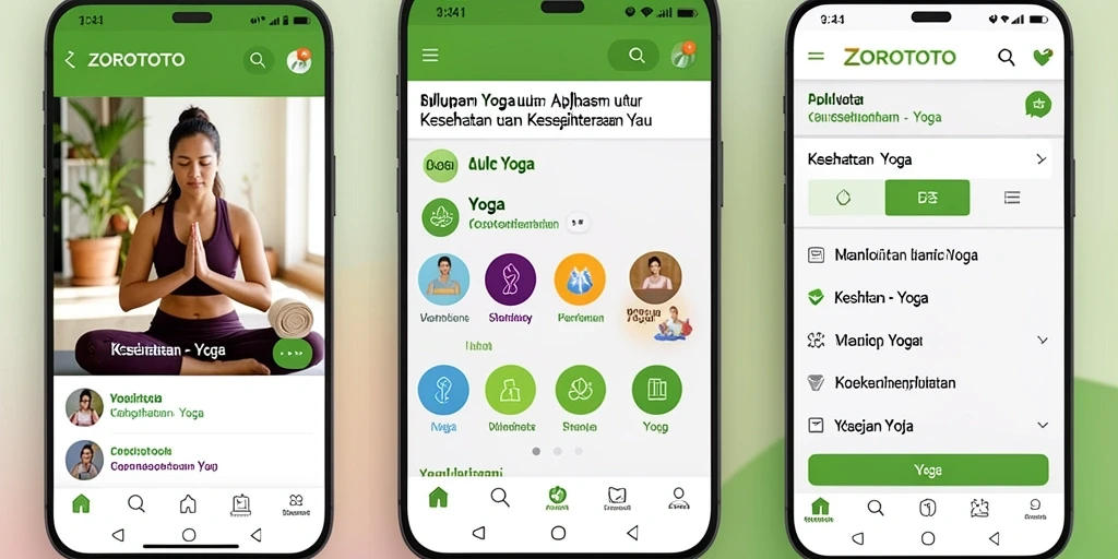 Screenshot antarmuka ZOROTOTO dengan beragam model pose Yoga.